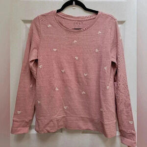 Loft Pink with White Hearts Embroidered Sweater XS (one tiny hole at color)